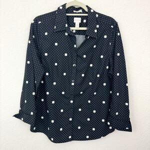 Chico's Womens Button Shirt Top Size L Polka Dot 100% Cotton Classic Office Blue